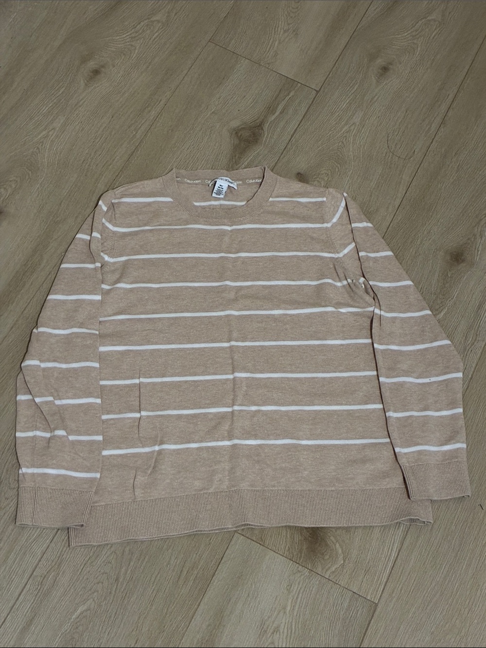 Calvin Klein Men's Beige and White Striped Crewneck Sweater